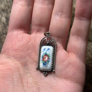 Vintage 800 silver (?) USSR Russian enamel filigree flower pendant